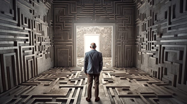 Rearview the businessman walking toward to concrete Maze. Businessman in front of a vast maze. Business and life concept. . photo