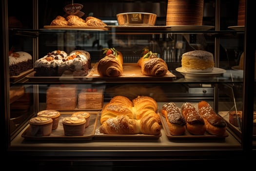 bakery interior with display counters full of scrumptious bread and pastries. Shop a patisserie or bakery with croissants, apple pies, waffles, and churros. Freshly baked pastries. photo