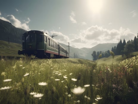 train at meadow with mountain view, photo