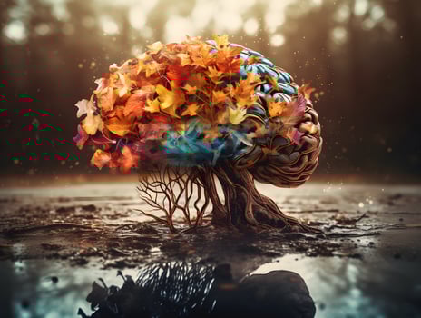 Human brain tree with colorful leaves, creative mind with nature background. photo