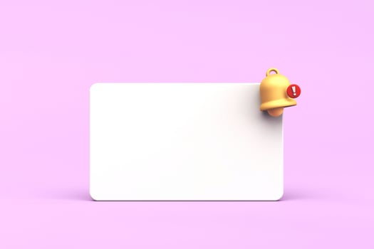3d white reminder pop up bell push notification symbol. Empty application message on pink background. Blank note icon copy space for text. 3d rendering photo