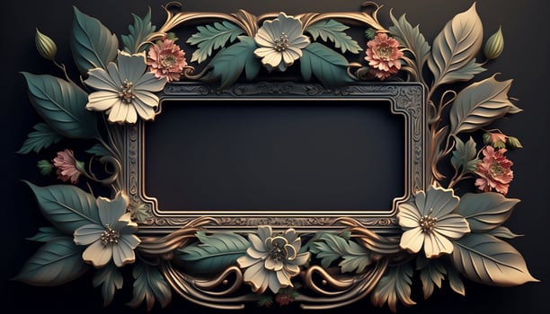 Rectangular Rose Flower Frame Surrounded With Twigs of Foliage in Aesthetic Style Background - photo