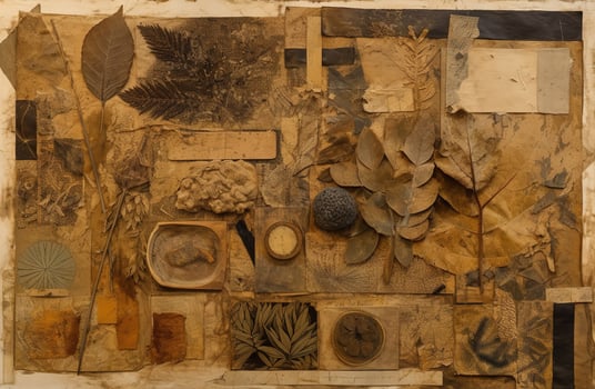 , board with dry leaves and flowers collage on a textured paper vintage background, inspired by Robert Rauschenberg. Modern nature organic mish-mash herbarium photo