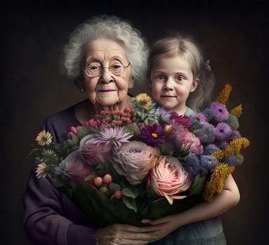 Mother's Day and Women's day greeting card concept. A bouquet of fresh tulips in grandmother and granddaughter hands. Gentle hugs mothers and daughters. Illustration photo