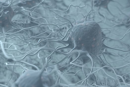 Neuron cells on abstract background, neural connections in the human brain, glowing synapses in nervous system. Created with photo
