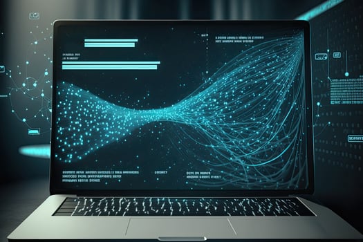 Digital data and network connection on laptop screen. Big data analysis. Network information and data protection concept. Created with photo