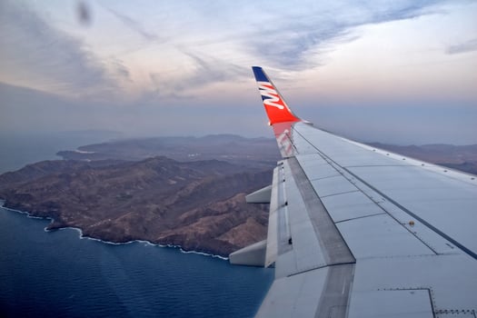 view from the plane window on the landscape of Canary Island Fuerteventura in Spain photo