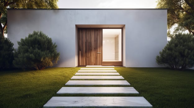 Modern house with wooden door. Illustration photo