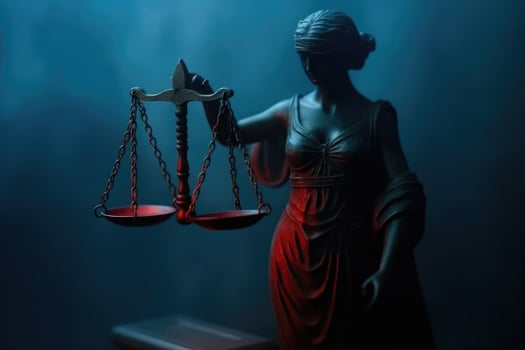 Legal law concept. Silhouette of The Statue of Justice on with lights at foggy background photo