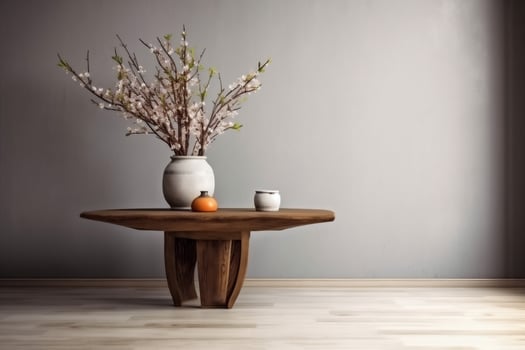 indoor view with pot, leaves and furniture in asian style photo