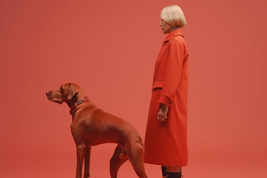 woman with Weimaraner dog in futuristic style photo