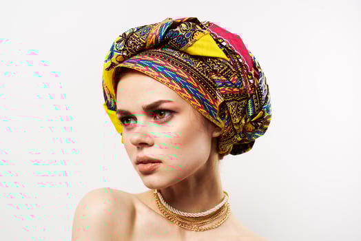 cheerful pretty woman multicolored turban african style close-up photo