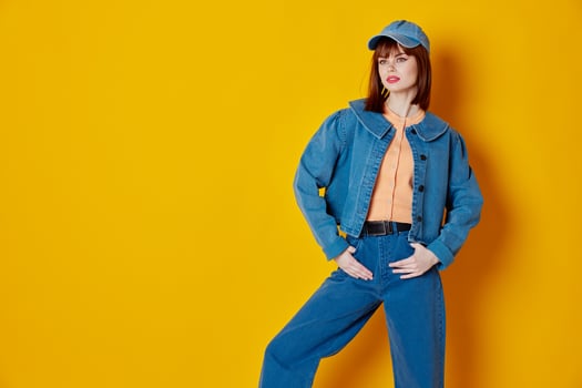 pretty woman denim cap red lips glamor fashion color background unaltered photo
