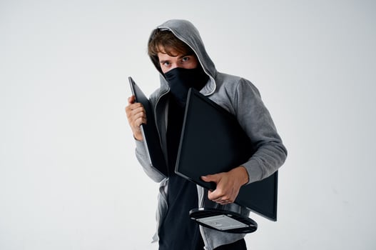 masked man hooded head hacking technology security isolated background photo