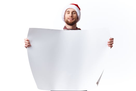 Cheerful man white paper billboard advertising isolated background photo