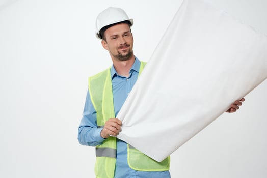 male builders blueprints builder isolated background photo