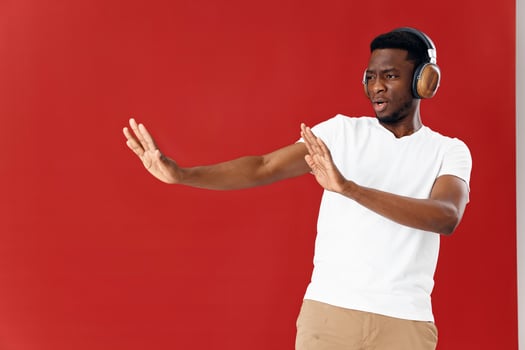 African American in headphones technology music isolated background photo