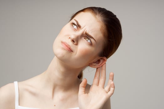 woman ear pain otitis media health problems infection isolated background photo