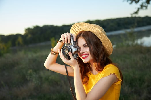 Woman with hat on her head smile nature snapshot photo