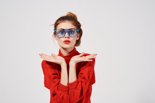 woman fashionable blue glasses posing isolated background photo