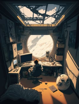 Illustration cartoon design of a crowded astronaut's sitting bedroom in the spaceship and looking outside to the space view. spaceman sitting bedroom in spaceship. Non-existent person. photo