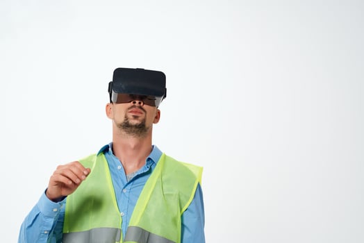 construction worker in working form blueprints virtual reality glasses construction photo