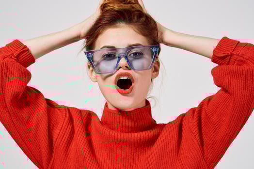 beautiful woman modern style sunglasses light background photo