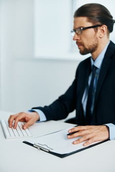 business man wearing glasses work desk office manager photo