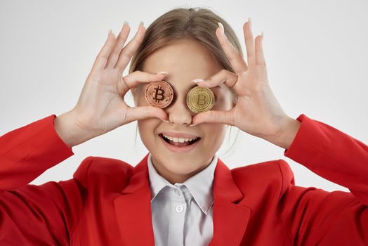 financier Bitcoin cryptocurrency in hands isolated background photo