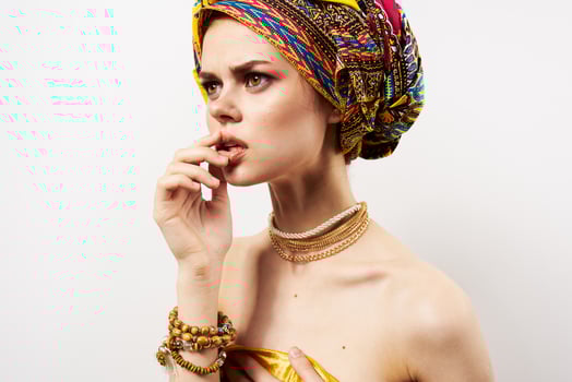 woman in multicolored turban decoration cosmetics makeup fun photo