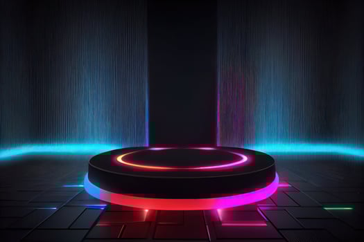 Black circle pedestal with multicolored neon dark background. photo