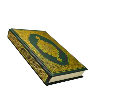 The Holy Al Quran with written arabic calligraphy meaning of Al Quran and rosary beads or tasbih on white background, isolated with copy space. photo