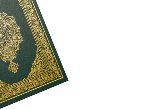 The Holy Al Quran with written arabic calligraphy meaning of Al Quran and rosary beads or tasbih on white background, isolated with copy space. photo