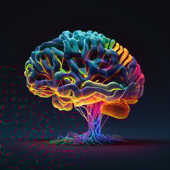 Futuristic creative brain with neon colorful light and roots. illustration photo