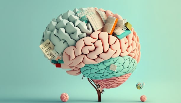 vintage 3d brain learning with books on blue background. illustration photo