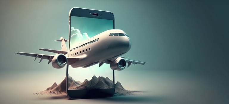 Airplane coming out from smart phone screen. illustration photo