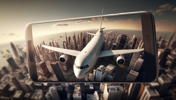 Airplane coming out from smart phone screen. illustration photo