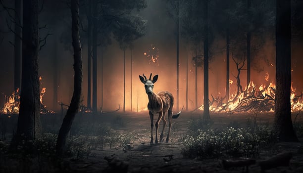 Dramatic illustration of lonely deer in burning woods photo