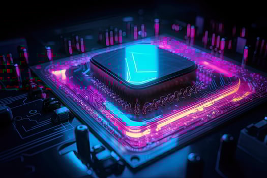 illustration of a computer chip in purple and blue neon colors photo