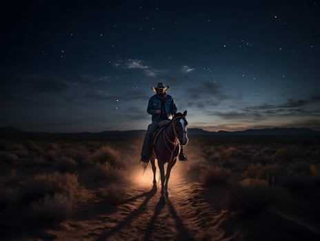 Western Cowboy riding his horse at night, photo