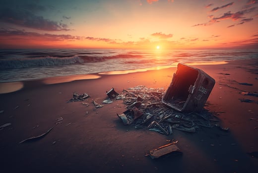 trash by the beach with sunset. photo