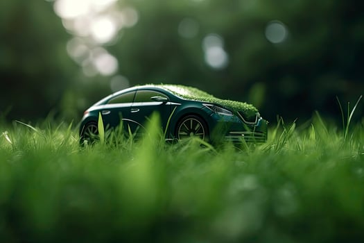 electric car with green leaf icon on blur grass background, ecology and environment concept photo