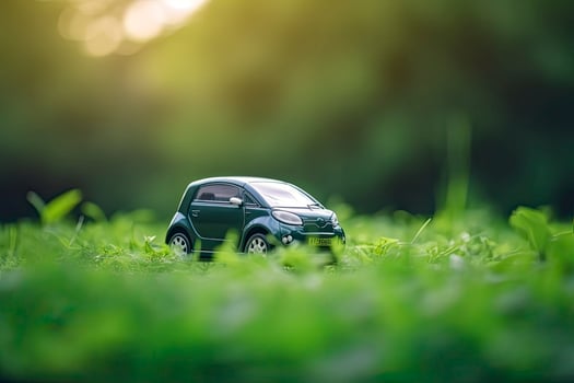 electric car with green leaf icon on blur grass background, ecology and environment concept photo