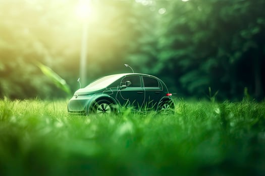 electric car with green leaf icon on blur grass background, ecology and environment concept photo
