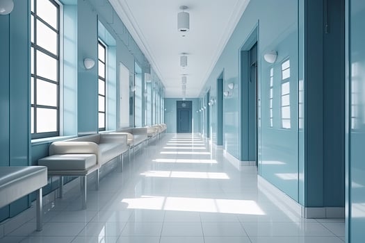 Long hospital bright corridor with rooms and blue seats 3D rendering photo