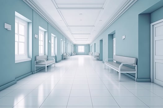 Long hospital bright corridor with rooms and blue seats 3D rendering photo