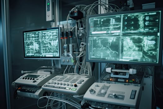Modern equipment in operating room. Medical devices for neurosurgery. photo