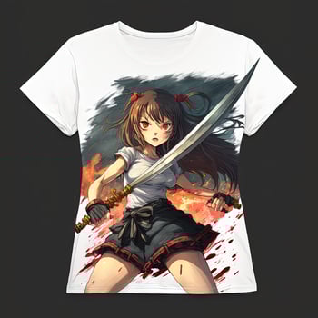 T shirt mokup of a anime girl with angry face hold sword and short pants photo