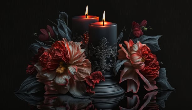 beautiful candle burning and beautiful flowers image photo