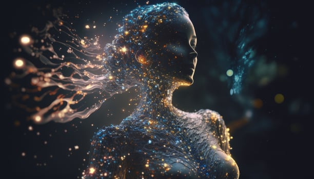 a transparent woman made of star clusters NASA on glitter background photo